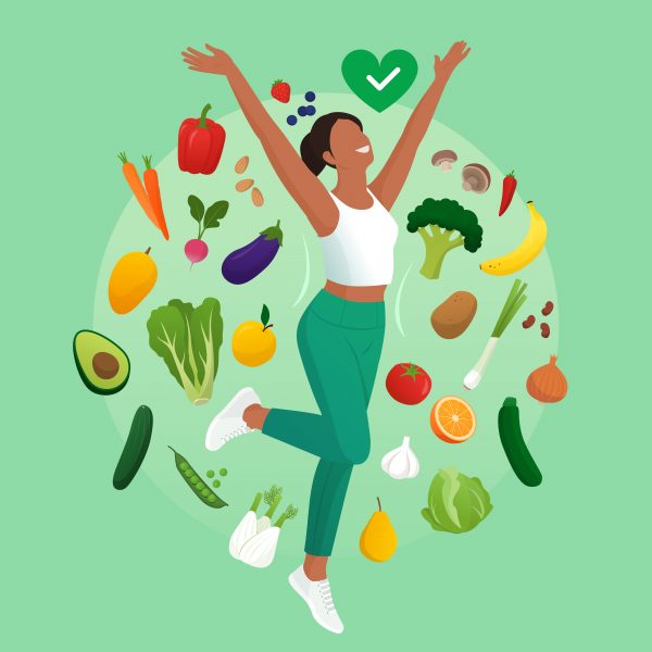 Happy woman with healthy vegetables and fruits