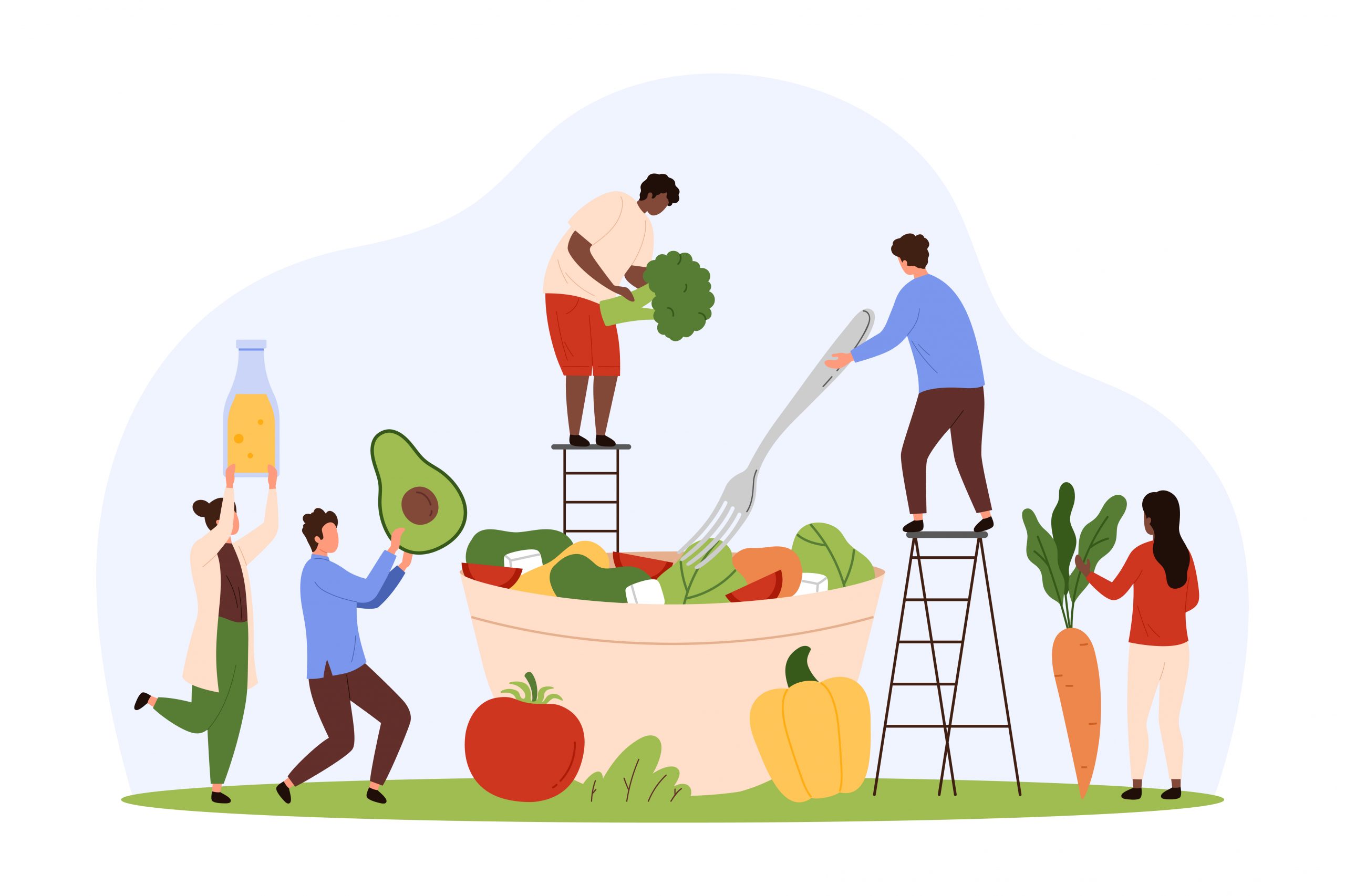 Cooking healthy vegetarian food in kitchen by tiny people holding vegetables, fork
